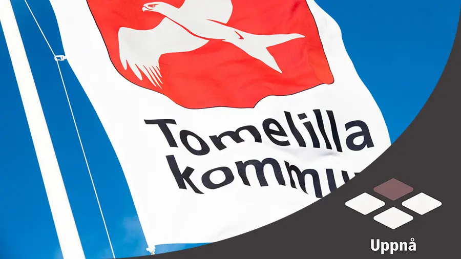 Tomelilla kommuns flagga, med grafiken för innovationsaspekten "uppnå" från innovationsportföljen