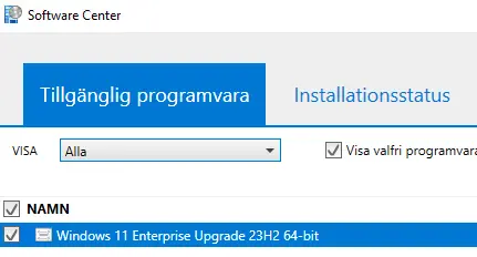 Menyn tillgänglig programvara är markerad blå, och programvaran Windows 11 Enterprise Upgrade 23H2 64-bit i listan är förkryssad. 