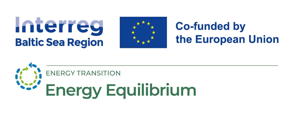 Logotyp som innehåller texten: Interreg Baltic sea Region, Co-funded by the European union, Energy transition, Enery equilibrium. EU:s flagga, blå med en cirkel av gula stjärnor, syns centralt i övre delen av loggan.