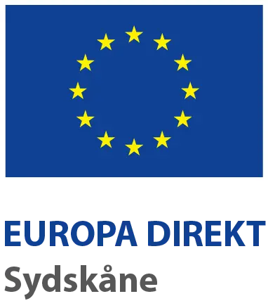 Logotyp: Europa direkt, sydskåne. En cirkel av gula stjärnor mot en mörkblå bakgrund